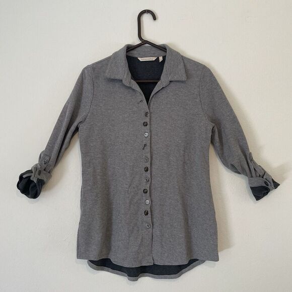Soft Surroundings Sydney Shirt S Gray Waffle Tab Sleeves Cotton Top Button Down - Picture 2 of 12